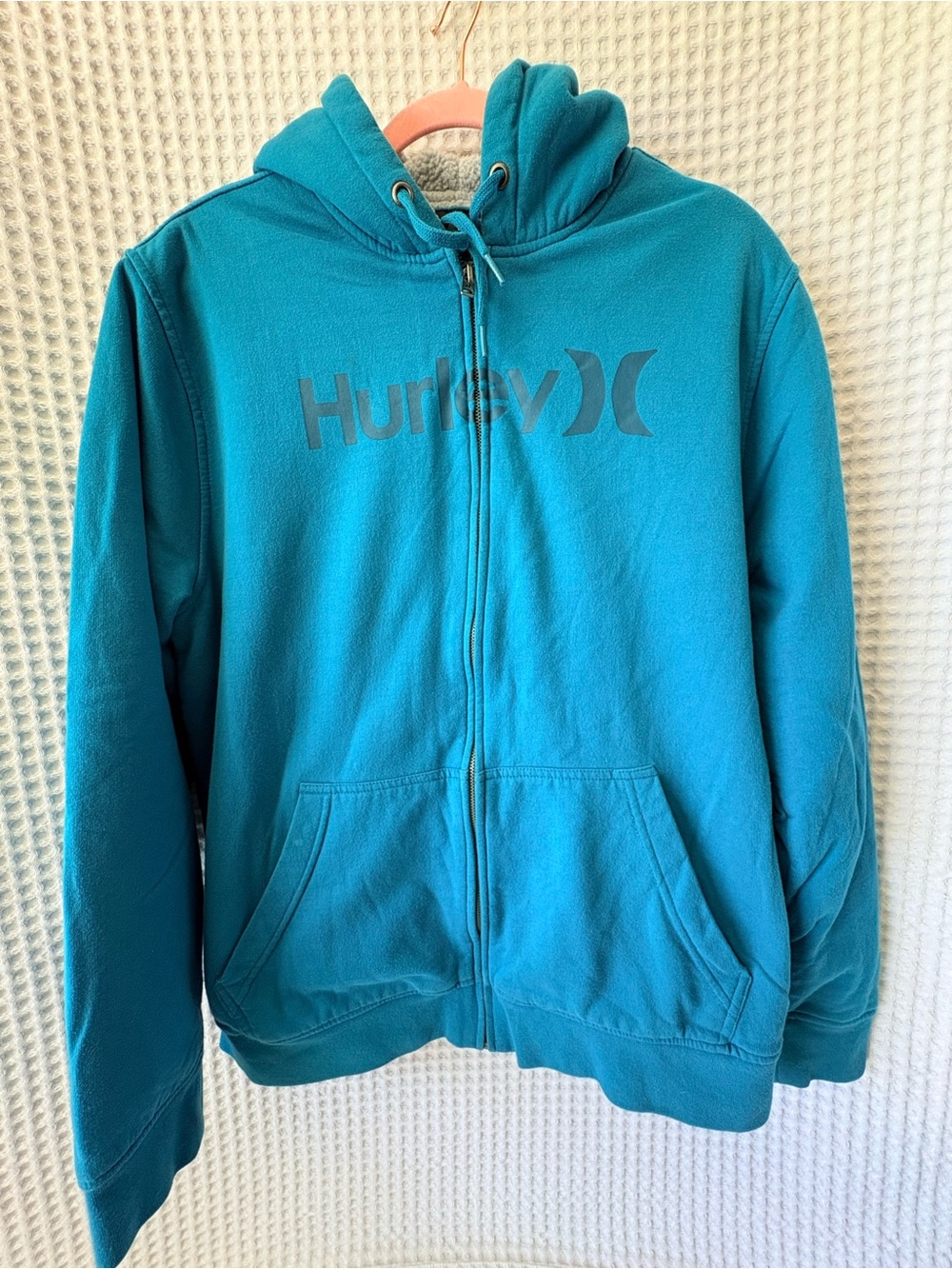 Hurley Men’s Lrg Full Zip Hoodie Teal Sherpa Lined Logo Sweatshirt Skater Surf
